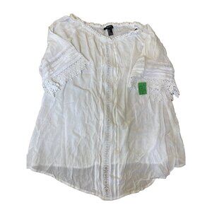 Forever 21 S White Rayon Blouse W/ Lace Detail & 3/4 Sleeves